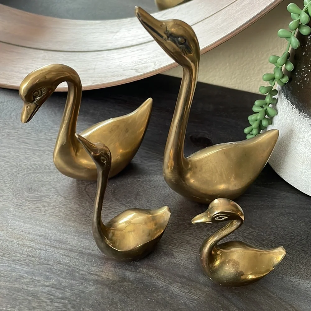 Vintage Set Of 4 Solid Brass Swans - Picture 2 of 11